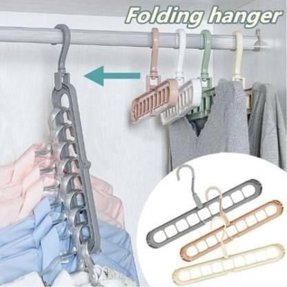 Hanger-Plastic Multi Functional Adjutable & Folding Clothes Hanger Holder Portable Anti-Slip Storage Rack Space Saving Hook for Garment Drying (Multicolor, Pack Of 3)